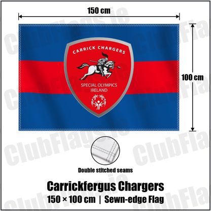 Carrickfergus Chargers 100cm x 150cm Flag (sewn on the edges) with the club crest and colours, Antrim Basketball - ClubFlags.ie