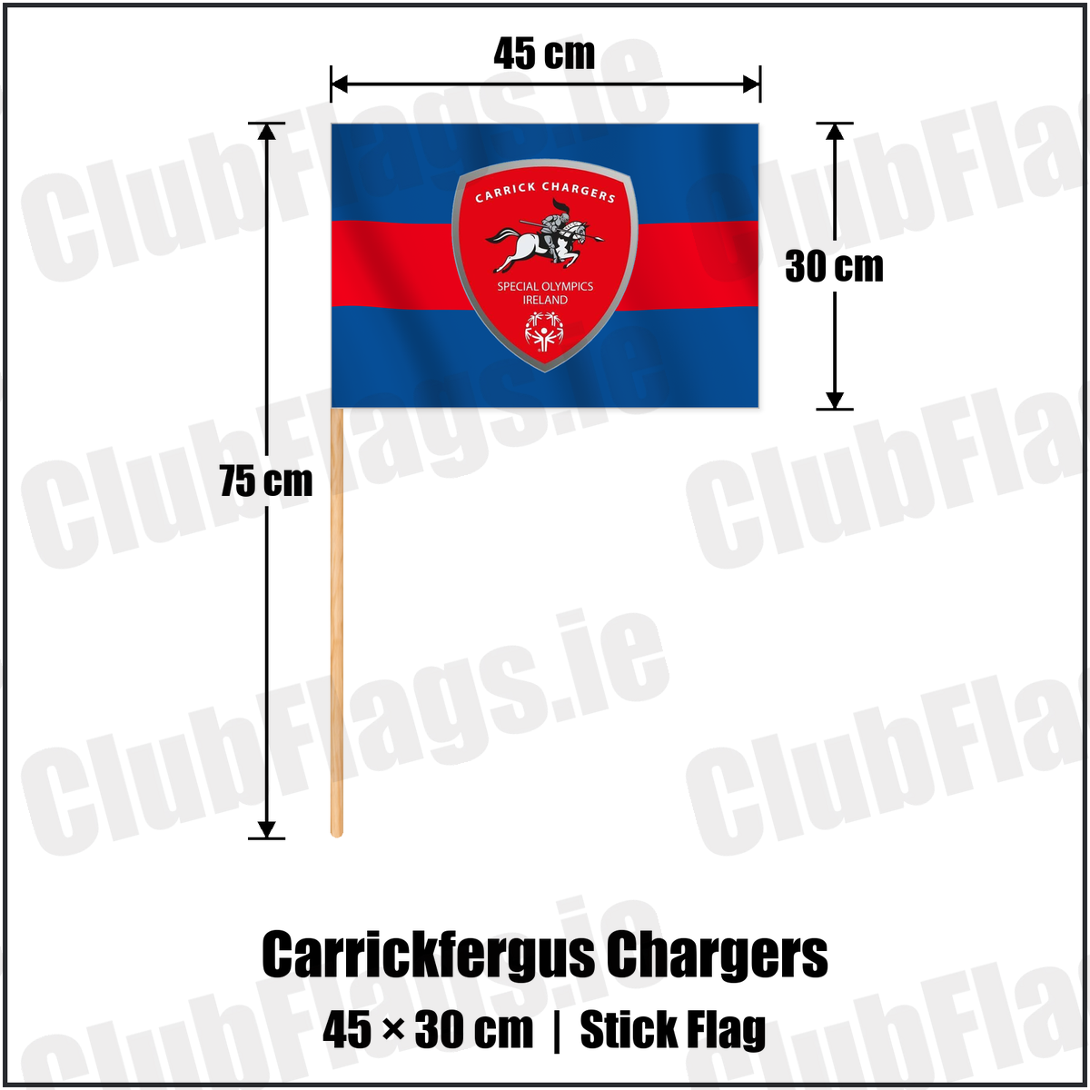 Carrickfergus Chargers 30cm x 45cm Stick Flag with the club crest and colours, Antrim Basketball - ClubFlags.ie