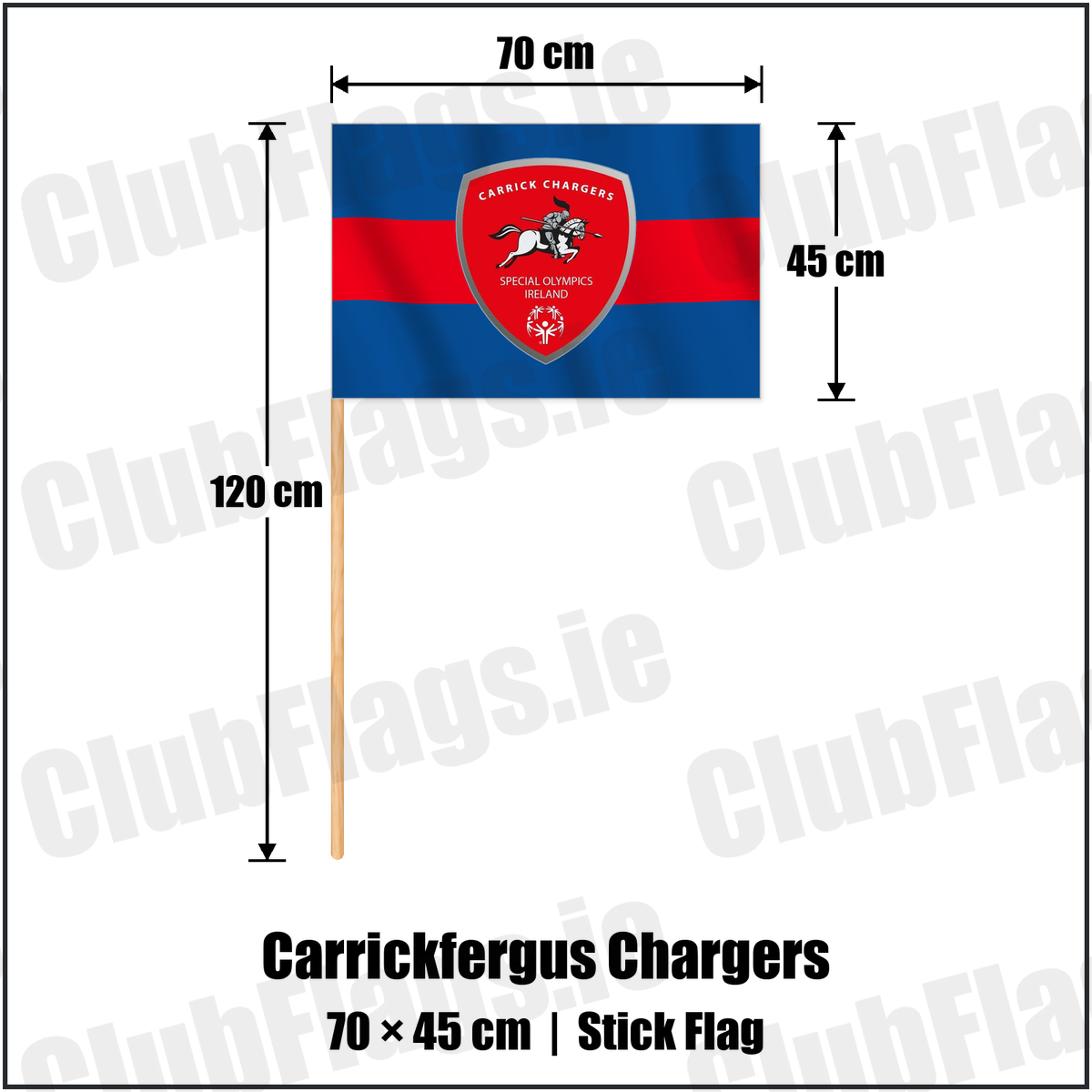 Carrickfergus Chargers 45cm x 70cm Stick Flag with the club crest and colours, Antrim Basketball - ClubFlags.ie