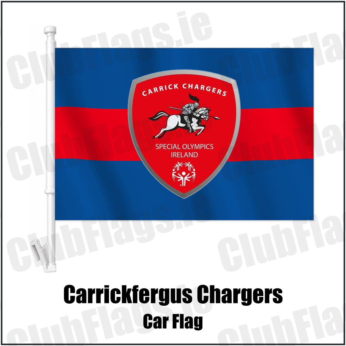 Carrickfergus Chargers Car Flag with the club crest and colours, Antrim Basketball - ClubFlags.ie