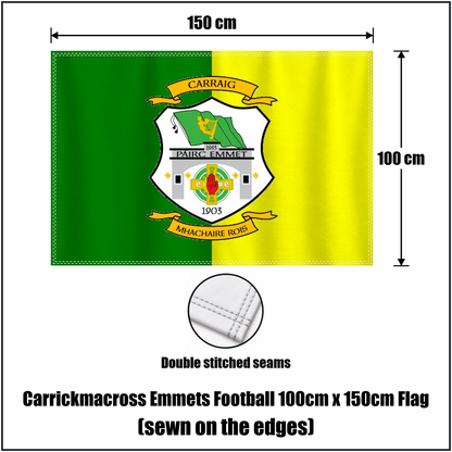 Carrickmacross Emmets Football 100cm x 150cm Flag (sewn on the edges), featuring the club crest and green and yellow colours; County Monaghan GAA. ClubFlags.ie.