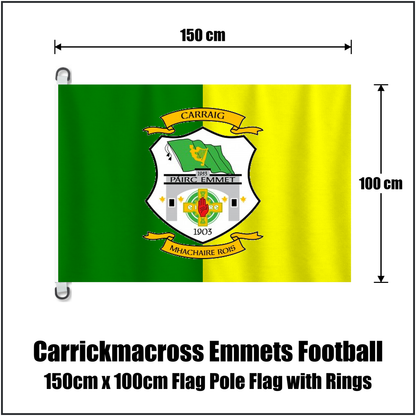 Carrickmacross Emmets Football 150cm x 100cm Flag Pole Flag with Rings, featuring the club crest and green and yellow colours; County Monaghan GAA. ClubFlags.ie.