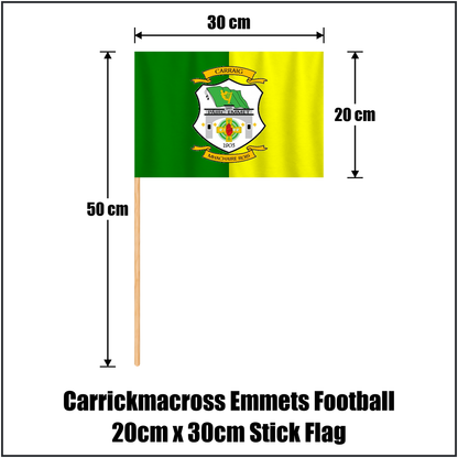 Carrickmacross Emmets Football 20cm x 30cm Stick Flag, featuring the club crest and green and yellow colours; County Monaghan GAA. ClubFlags.ie.