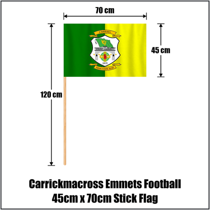 Carrickmacross Emmets Football 45cm x 70cm Stick Flag, featuring the club crest and green and yellow colours; County Monaghan GAA. ClubFlags.ie.