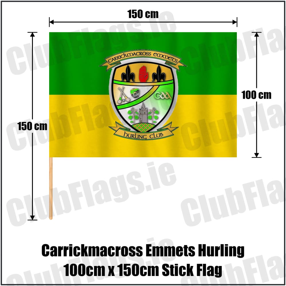 Carrickmacross Emmets Hurling 100cm x 150cm Stick Flag in green and yellow, featuring the club crest on realistic fabric with gentle vertical folds; County Monaghan GAA. ClubFlags.ie.