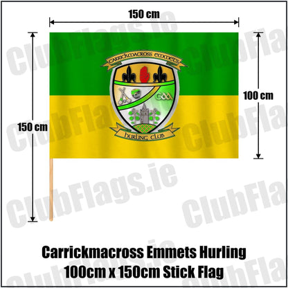Carrickmacross Emmets Hurling 100cm x 150cm Stick Flag in green and yellow, featuring the club crest on realistic fabric with gentle vertical folds; County Monaghan GAA. ClubFlags.ie.