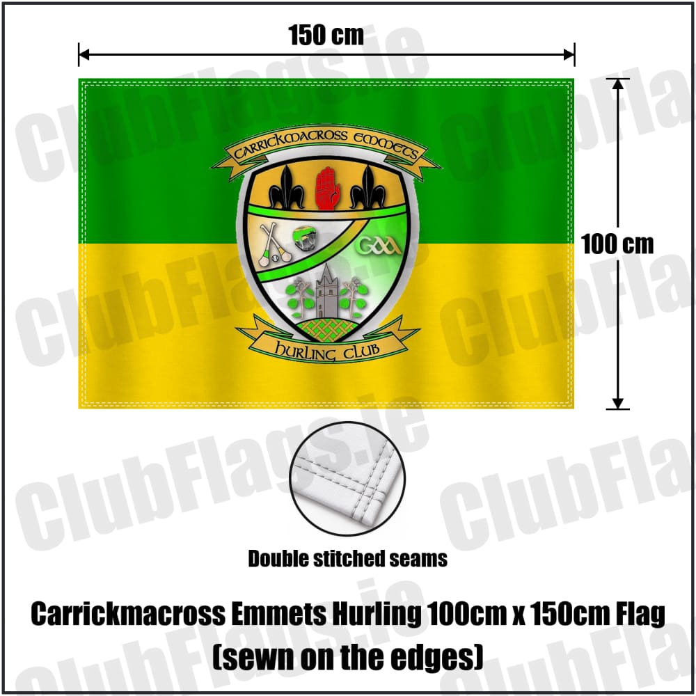 Carrickmacross Emmets Hurling 100cm x 150cm Flag (sewn on the edges) in green and yellow, featuring the club crest on realistic fabric with gentle vertical folds; County Monaghan GAA. ClubFlags.ie.