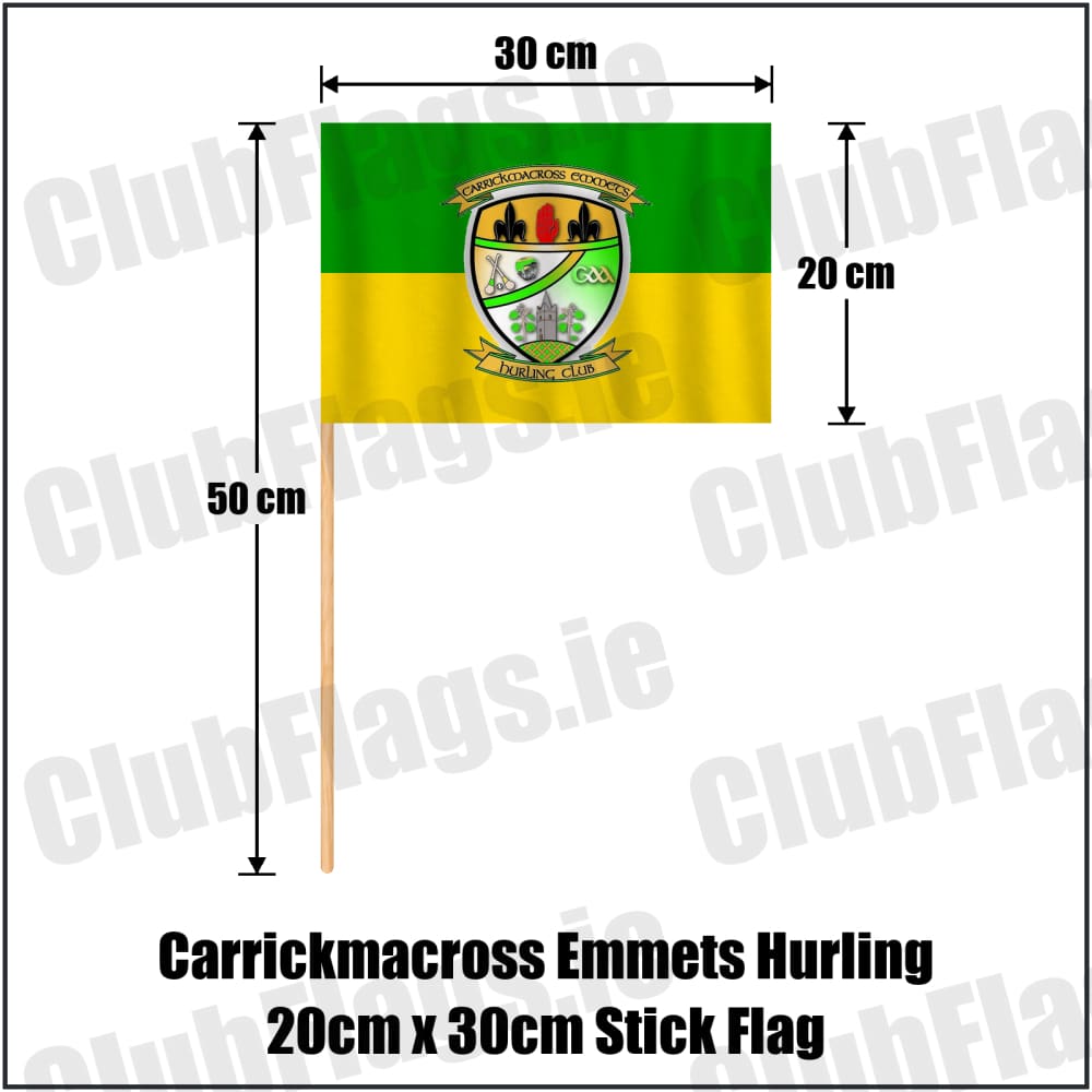 Carrickmacross Emmets Hurling 20cm x 30cm Stick Flag in green and yellow, featuring the club crest on realistic fabric with gentle vertical folds; County Monaghan GAA. ClubFlags.ie.