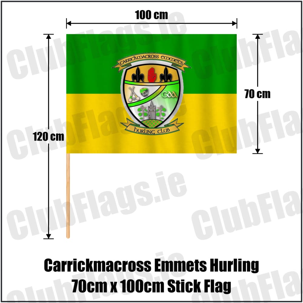 Carrickmacross Emmets Hurling 70cm x 100cm Stick Flag in green and yellow, featuring the club crest on realistic fabric with gentle vertical folds; County Monaghan GAA. ClubFlags.ie.
