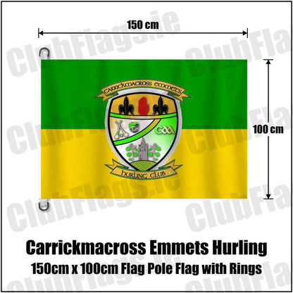 Carrickmacross Emmets Hurling 150cm x 100cm Flag Pole Flag with Rings in green and yellow, featuring the club crest on realistic fabric with gentle vertical folds; County Monaghan GAA. ClubFlags.ie.