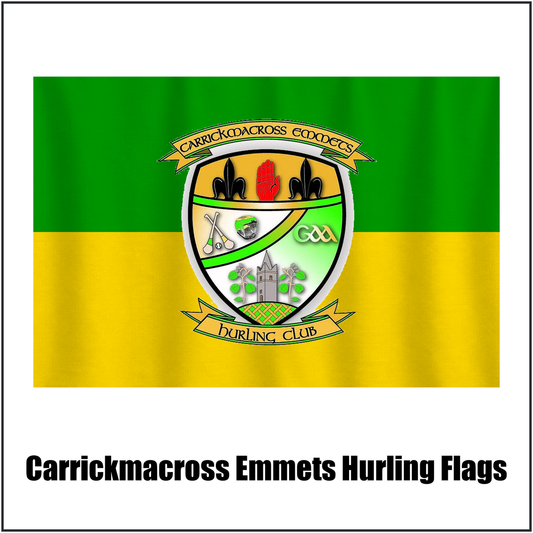 Carrickmacross Emmets Hurling Flags, featuring the club crest and green and yellow colours; County Monaghan GAA. ClubFlags.ie.