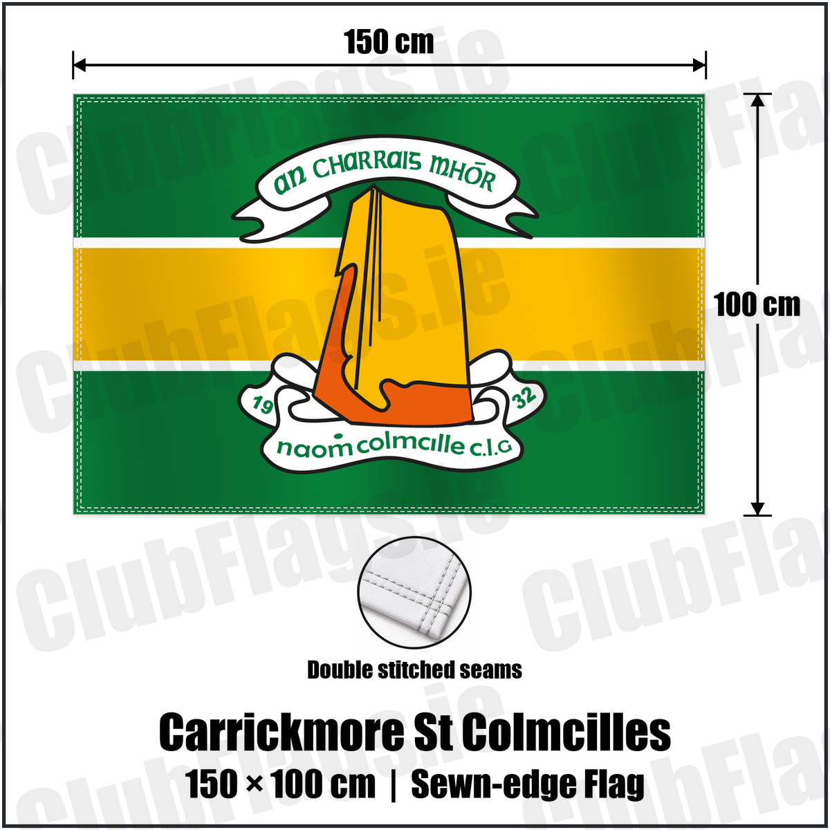 Carrickmore St Colmcilles 100cm x 150cm Flag (sewn on the edges) with the club crest and colours, Tyrone GAA - ClubFlags.ie