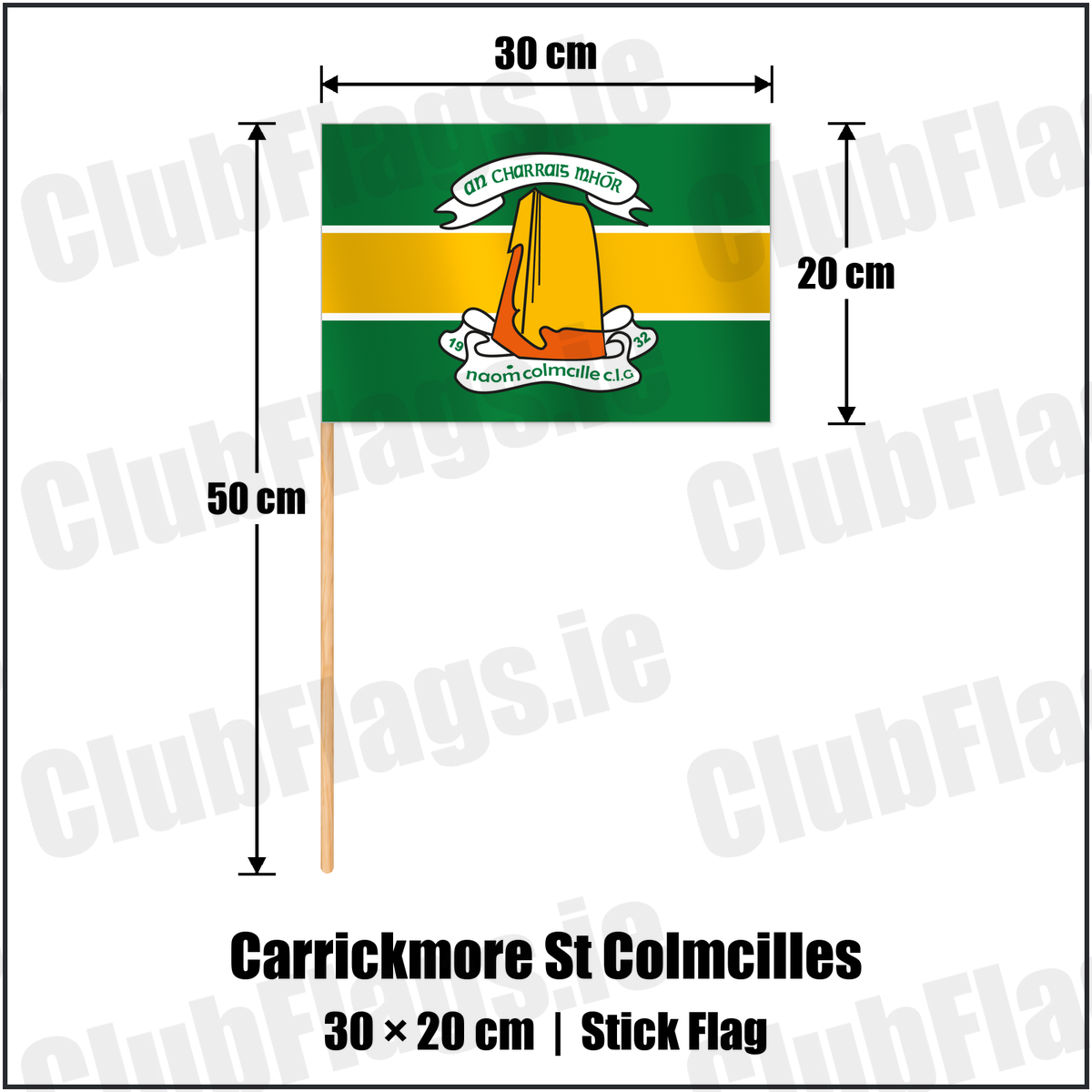 Carrickmore St Colmcilles 20cm x 30cm Stick Flag with the club crest and colours, Tyrone GAA - ClubFlags.ie