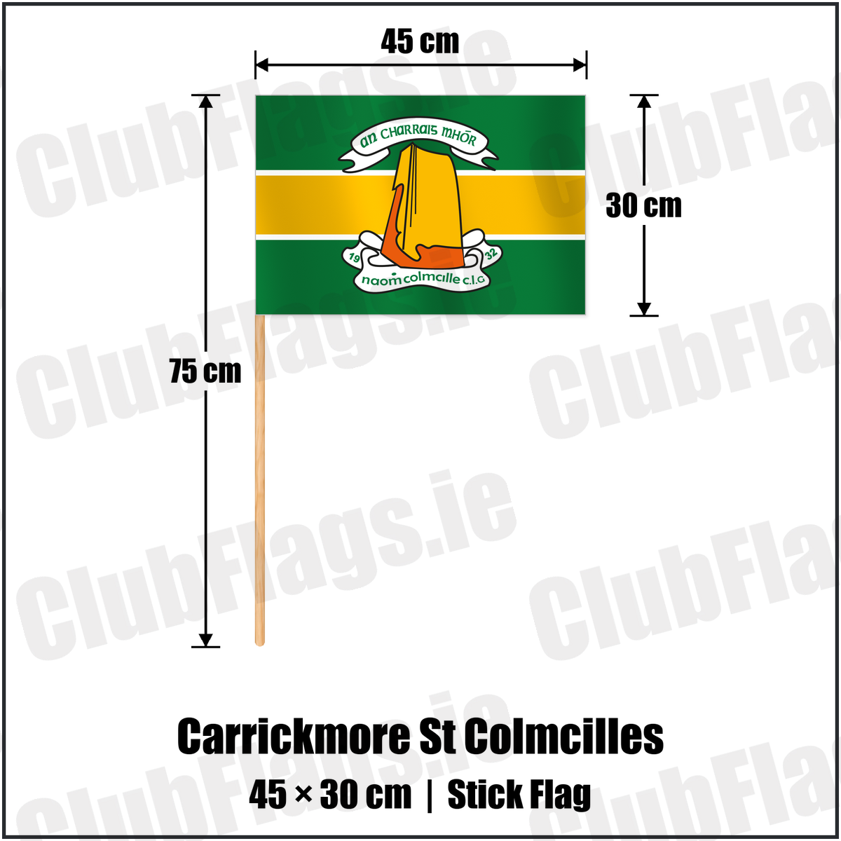 Carrickmore St Colmcilles 30cm x 45cm Stick Flag with the club crest and colours, Tyrone GAA - ClubFlags.ie