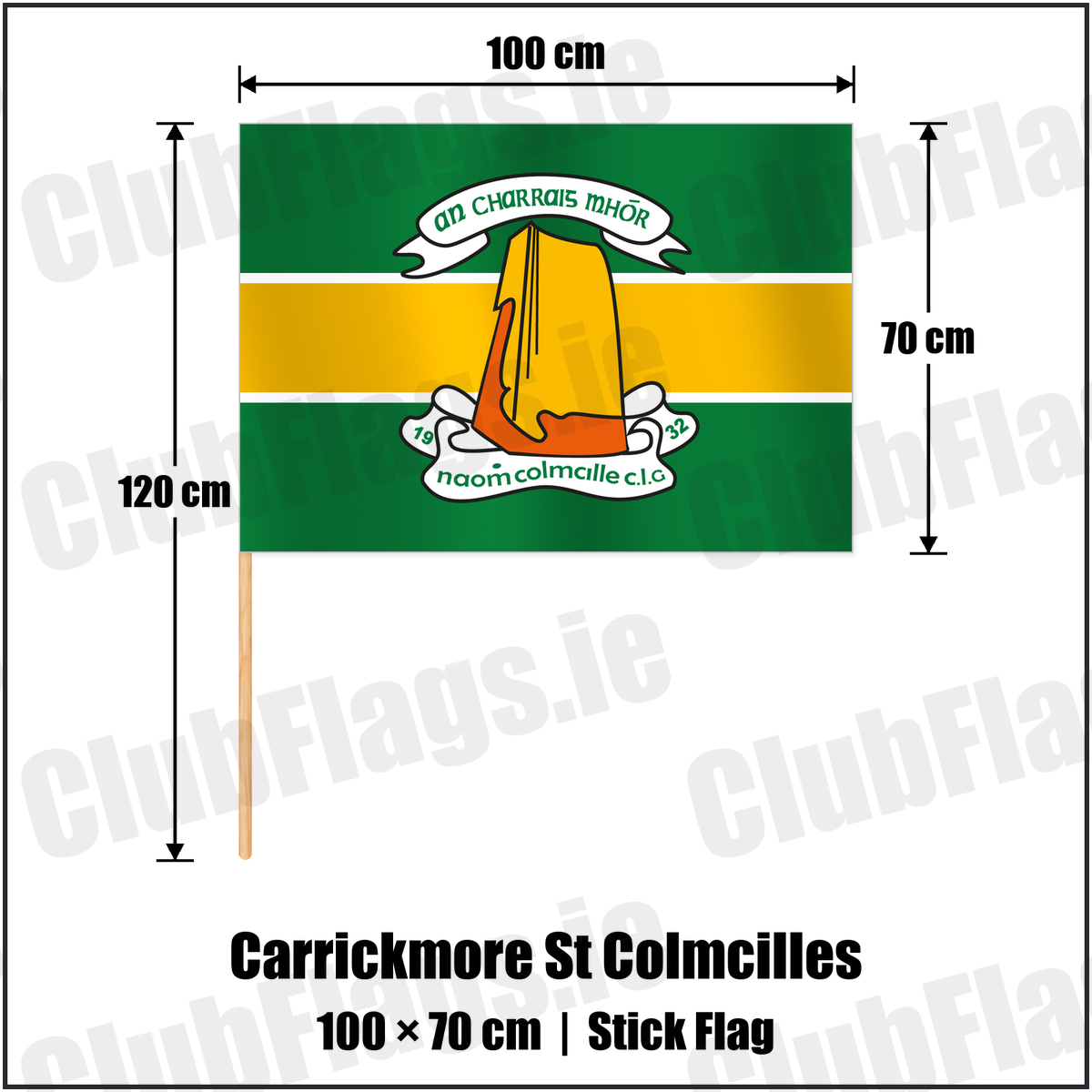 Carrickmore St Colmcilles 70cm x 100cm Stick Flag with the club crest and colours, Tyrone GAA - ClubFlags.ie