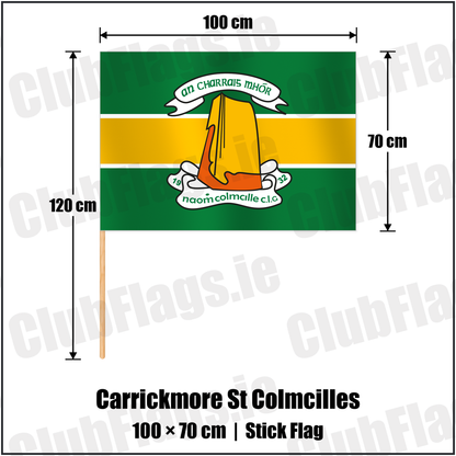 Carrickmore St Colmcilles 70cm x 100cm Stick Flag with the club crest and colours, Tyrone GAA - ClubFlags.ie