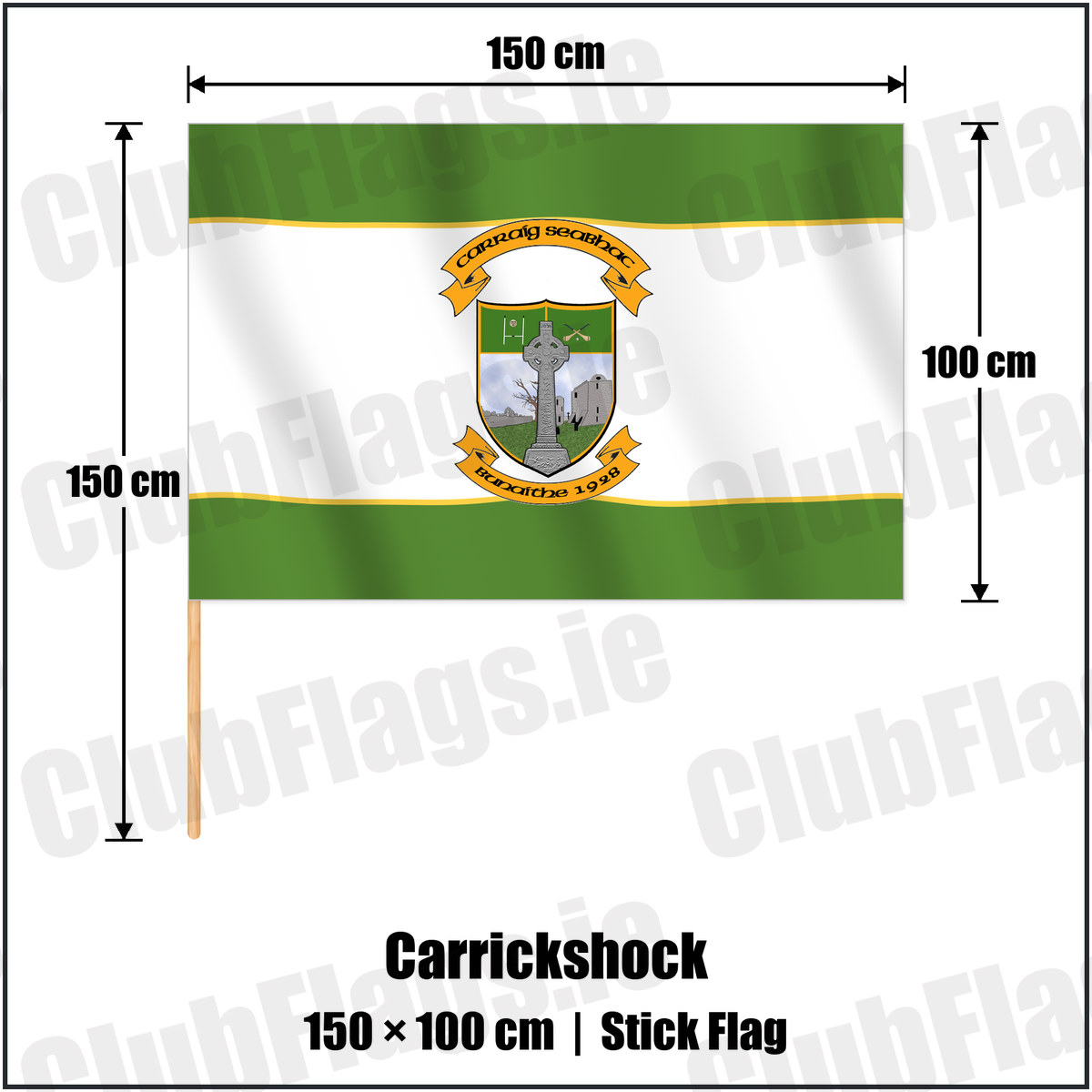 Carrickshock 100cm x 150cm Stick Flag with the club crest and colours, Kilkenny GAA - ClubFlags.ie