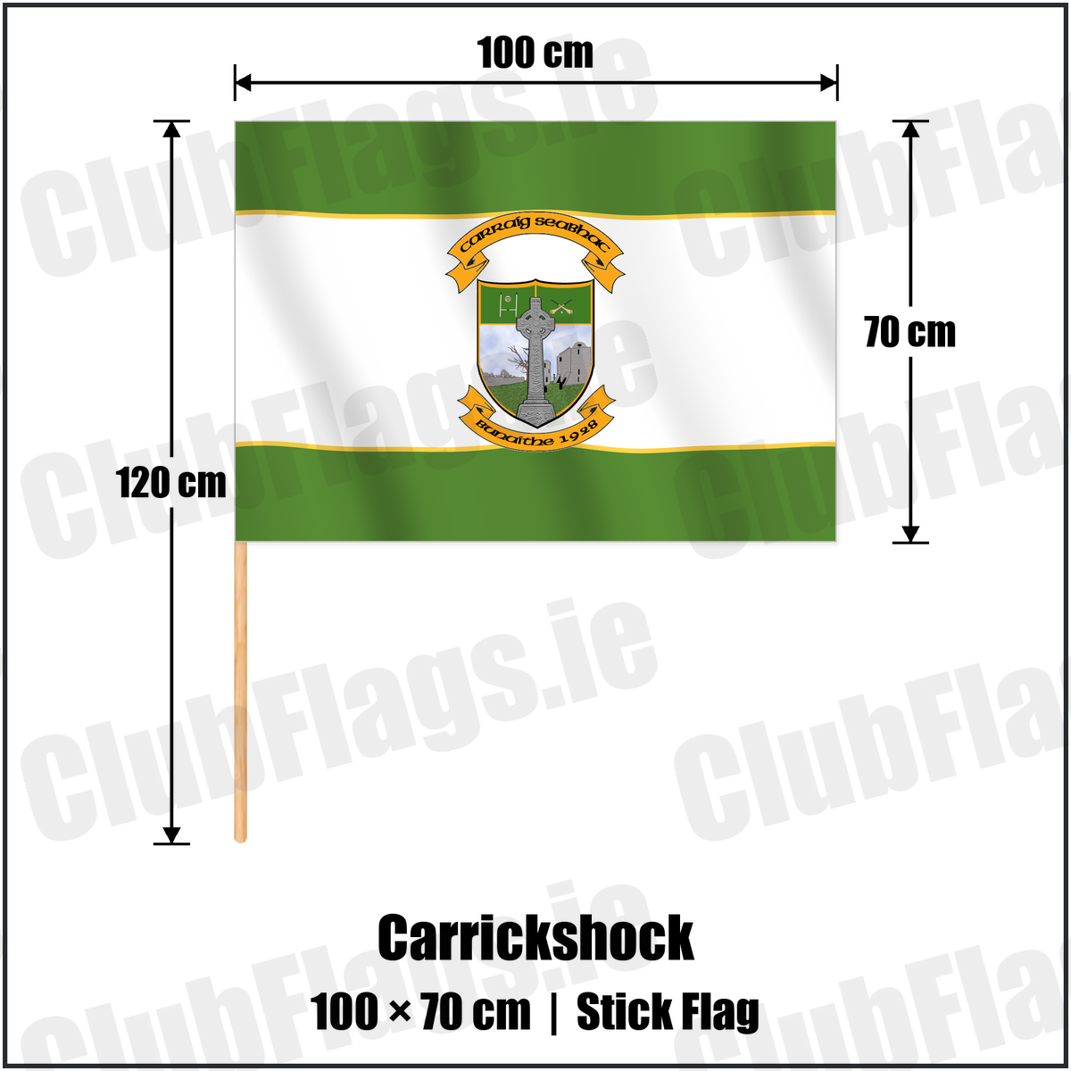 Carrickshock 70cm x 100cm Stick Flag with the club crest and colours, Kilkenny GAA - ClubFlags.ie