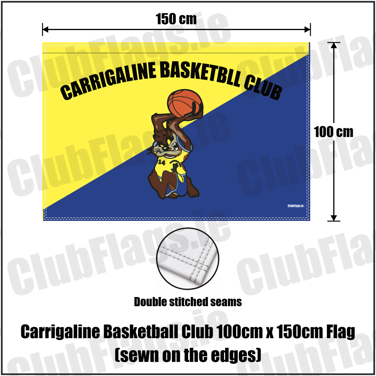 Carrigaline Basketball Club 100cm x 150cm Flag (sewn on the edges), featuring the club crest and yellow and navy blue colours; County Cork basketball. ClubFlags.ie., featuring the supplied yellow and navy blue diagonal basketball design, original club lettering and basketball mascot. Carrigaline, County Cork. ClubFlags.ie.