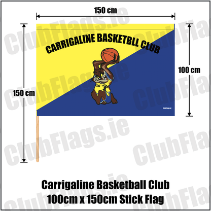 Carrigaline Basketball Club 100cm x 150cm Stick Flag, featuring the club crest and yellow and navy blue colours; County Cork basketball. ClubFlags.ie., featuring the supplied yellow and navy blue diagonal basketball design, original club lettering and basketball mascot. Carrigaline, County Cork. ClubFlags.ie.