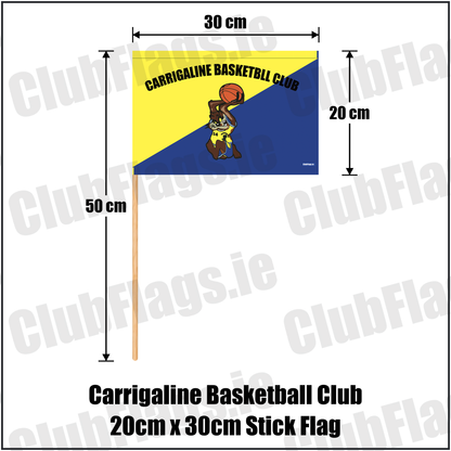 Carrigaline Basketball Club 20cm x 30cm Stick Flag, featuring the club crest and yellow and navy blue colours; County Cork basketball. ClubFlags.ie., featuring the supplied yellow and navy blue diagonal basketball design, original club lettering and basketball mascot. Carrigaline, County Cork. ClubFlags.ie.