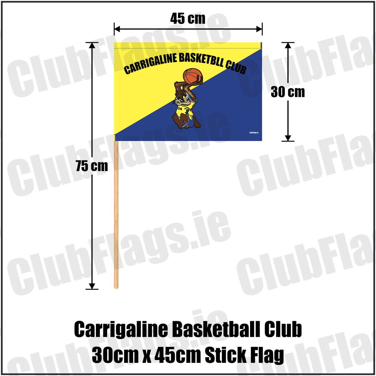 Carrigaline Basketball Club 30cm x 45cm Stick Flag, featuring the club crest and yellow and navy blue colours; County Cork basketball. ClubFlags.ie., featuring the supplied yellow and navy blue diagonal basketball design, original club lettering and basketball mascot. Carrigaline, County Cork. ClubFlags.ie.