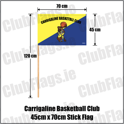 Carrigaline Basketball Club 45cm x 70cm Stick Flag, featuring the club crest and yellow and navy blue colours; County Cork basketball. ClubFlags.ie., featuring the supplied yellow and navy blue diagonal basketball design, original club lettering and basketball mascot. Carrigaline, County Cork. ClubFlags.ie.