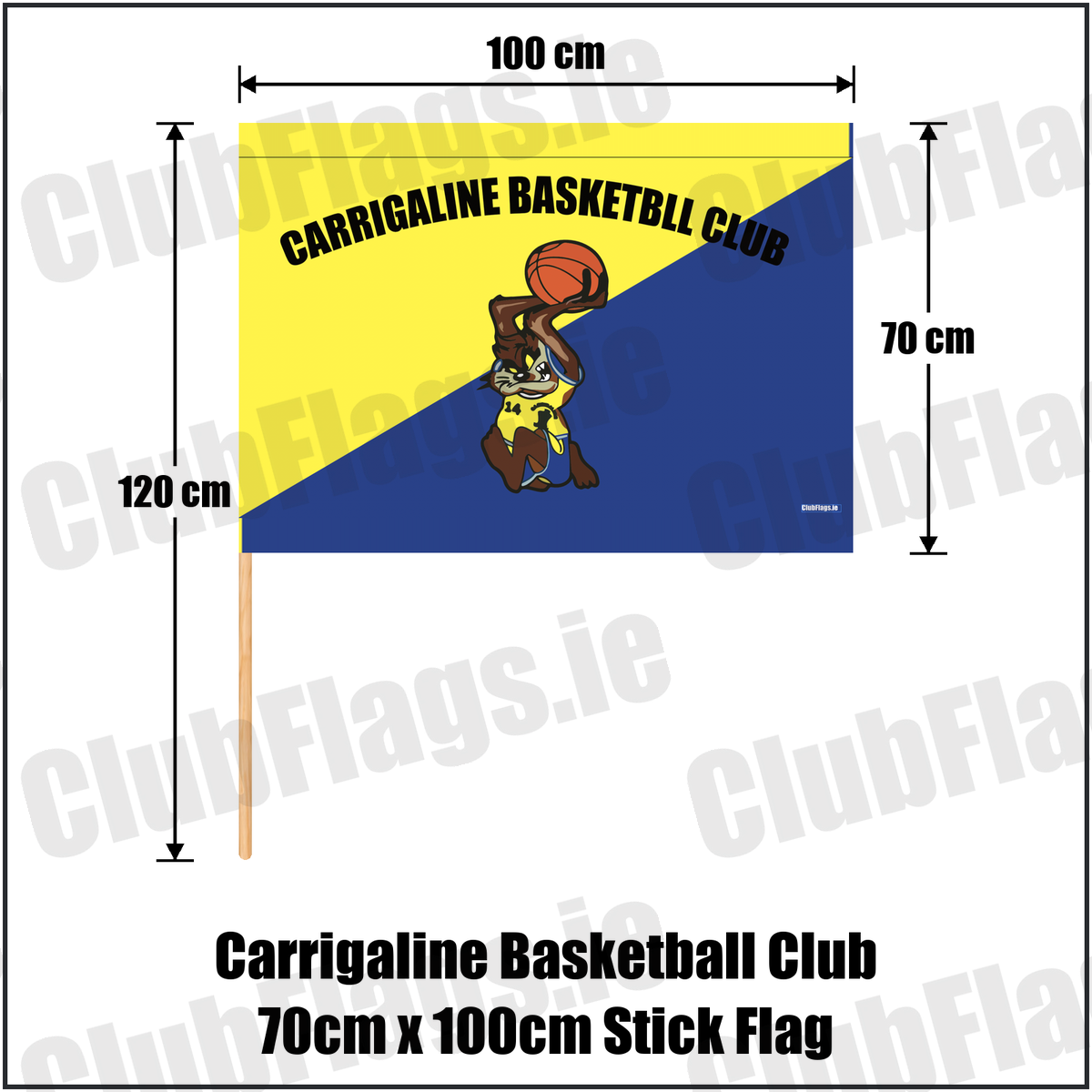 Carrigaline Basketball Club 70cm x 100cm Stick Flag, featuring the club crest and yellow and navy blue colours; County Cork basketball. ClubFlags.ie., featuring the supplied yellow and navy blue diagonal basketball design, original club lettering and basketball mascot. Carrigaline, County Cork. ClubFlags.ie.