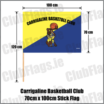 Carrigaline Basketball Club 70cm x 100cm Stick Flag, featuring the club crest and yellow and navy blue colours; County Cork basketball. ClubFlags.ie., featuring the supplied yellow and navy blue diagonal basketball design, original club lettering and basketball mascot. Carrigaline, County Cork. ClubFlags.ie.
