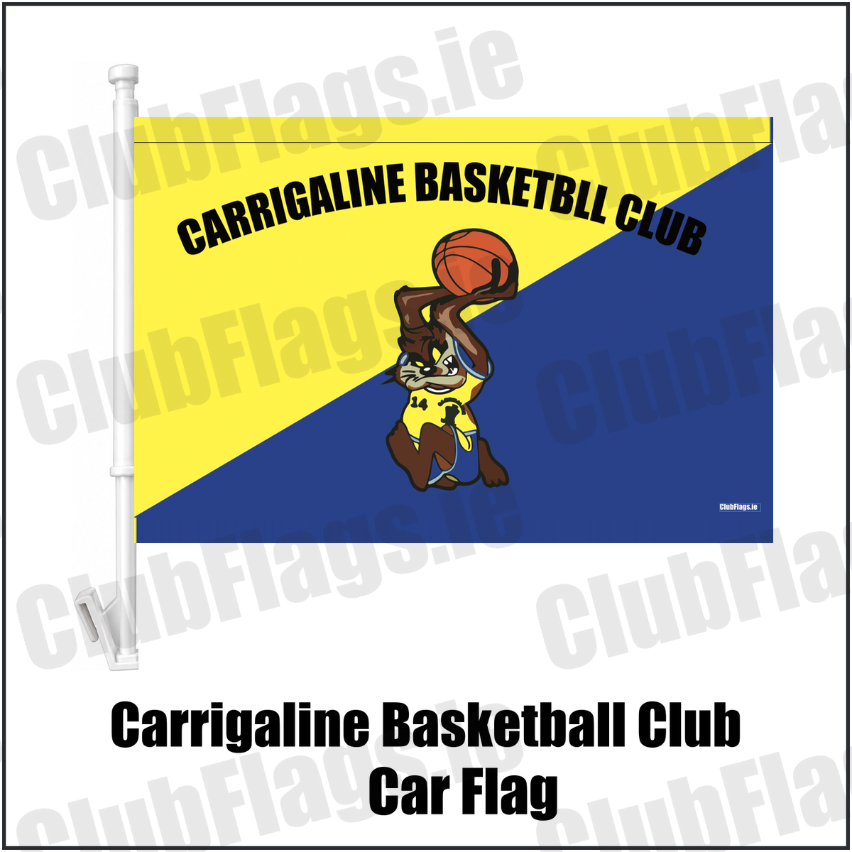 Carrigaline Basketball Club Car Flag, featuring the club crest and yellow and navy blue colours; County Cork basketball. ClubFlags.ie., featuring the supplied yellow and navy blue diagonal basketball design, original club lettering and basketball mascot. Carrigaline, County Cork. ClubFlags.ie.