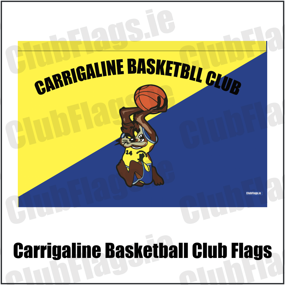 Carrigaline Basketball Club Flags, featuring the club crest and yellow and navy blue colours; County Cork basketball. ClubFlags.ie., featuring the supplied yellow and navy blue diagonal basketball design, original club lettering and basketball mascot. Carrigaline, County Cork. ClubFlags.ie.