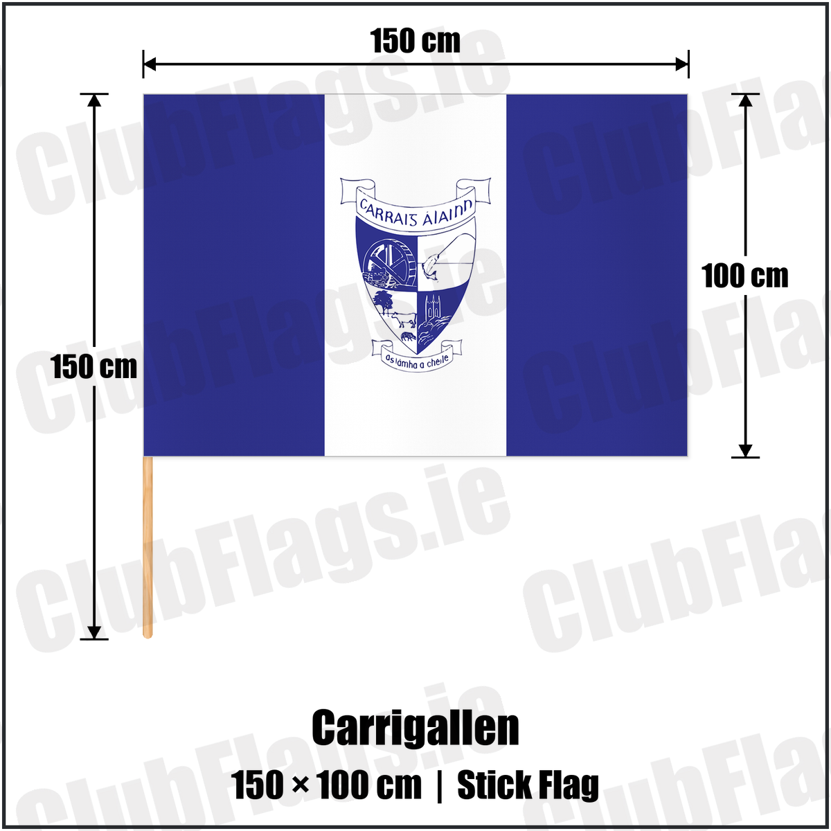 Carrigallen 100cm x 150cm Stick Flag with the club crest and colours, Leitrim GAA - ClubFlags.ie