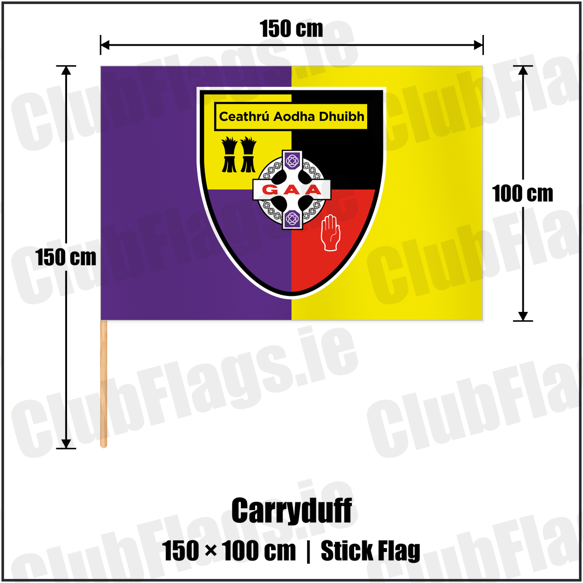 Carryduff 100cm x 150cm Stick Flag with the club crest and colours, Down GAA - ClubFlags.ie