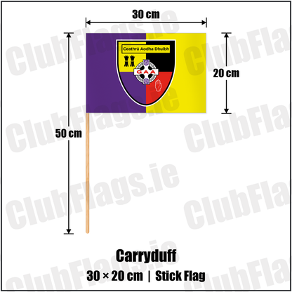 Carryduff 20cm x 30cm Stick Flag with the club crest and colours, Down GAA - ClubFlags.ie