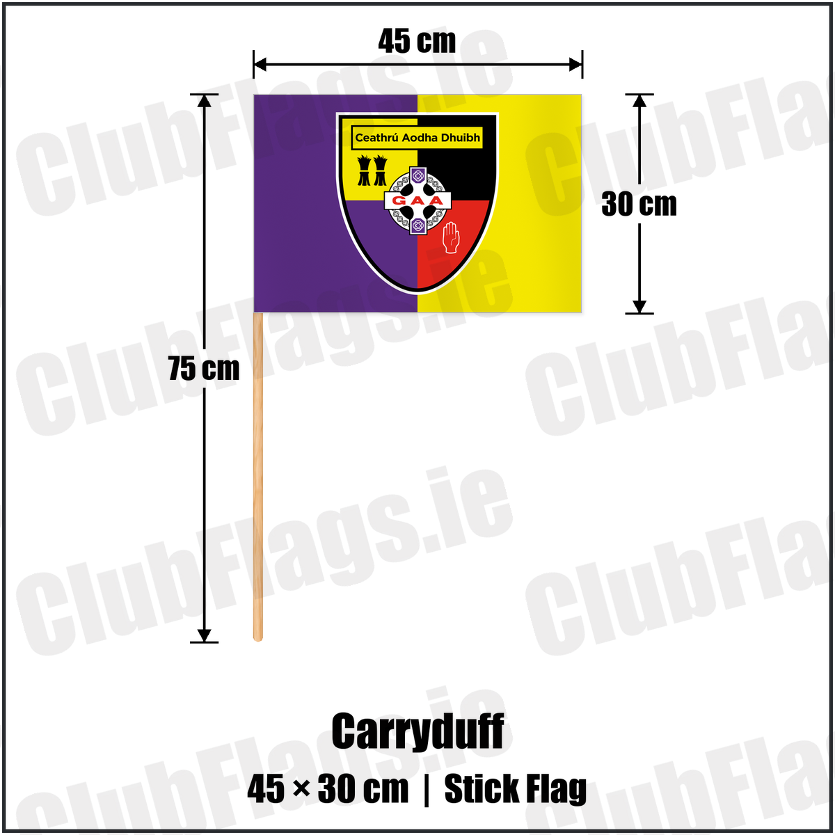 Carryduff 30cm x 45cm Stick Flag with the club crest and colours, Down GAA - ClubFlags.ie