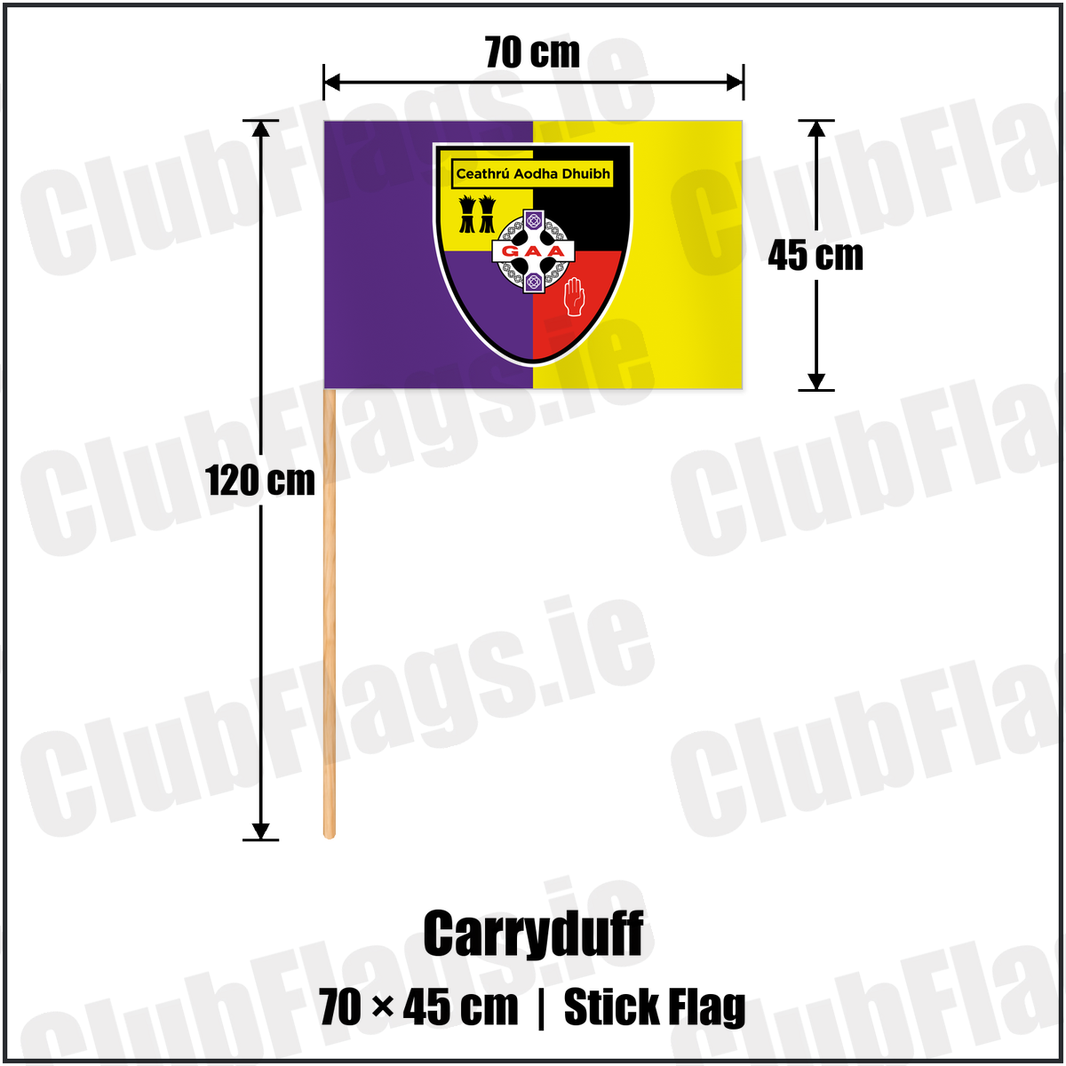 Carryduff 45cm x 70cm Stick Flag with the club crest and colours, Down GAA - ClubFlags.ie