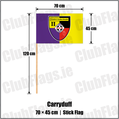 Carryduff 45cm x 70cm Stick Flag with the club crest and colours, Down GAA - ClubFlags.ie