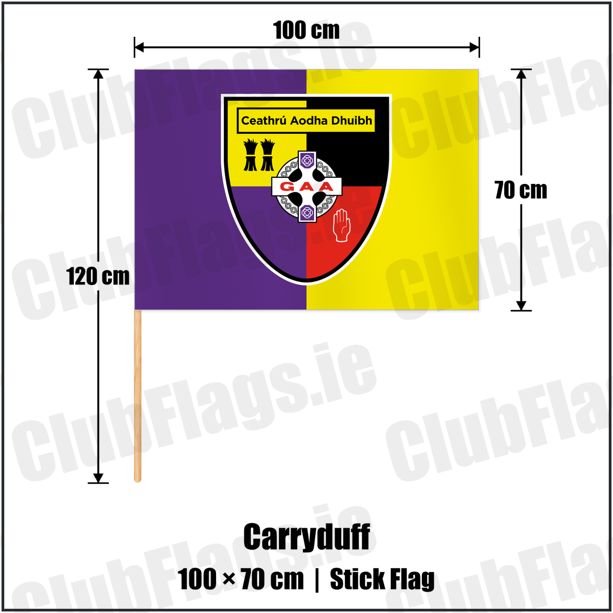 Carryduff 70cm x 100cm Stick Flag with the club crest and colours, Down GAA - ClubFlags.ie