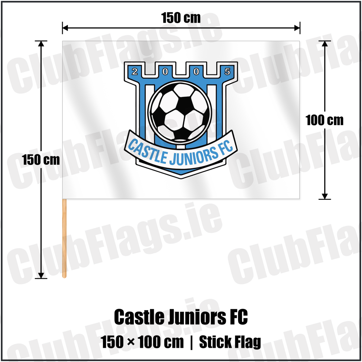 Castle Juniors FC 100cm x 150cm Stick Flag with the club crest and colours, Down Football - ClubFlags.ie
