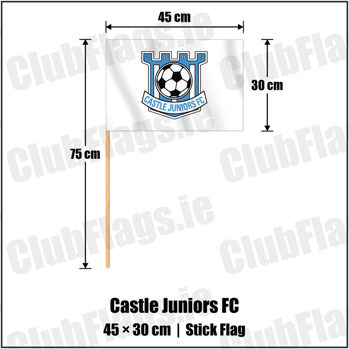 Castle Juniors FC 30cm x 45cm Stick Flag with the club crest and colours, Down Football - ClubFlags.ie