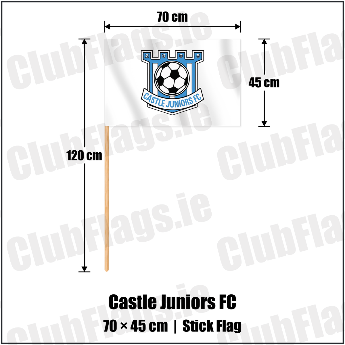 Castle Juniors FC 45cm x 70cm Stick Flag with the club crest and colours, Down Football - ClubFlags.ie