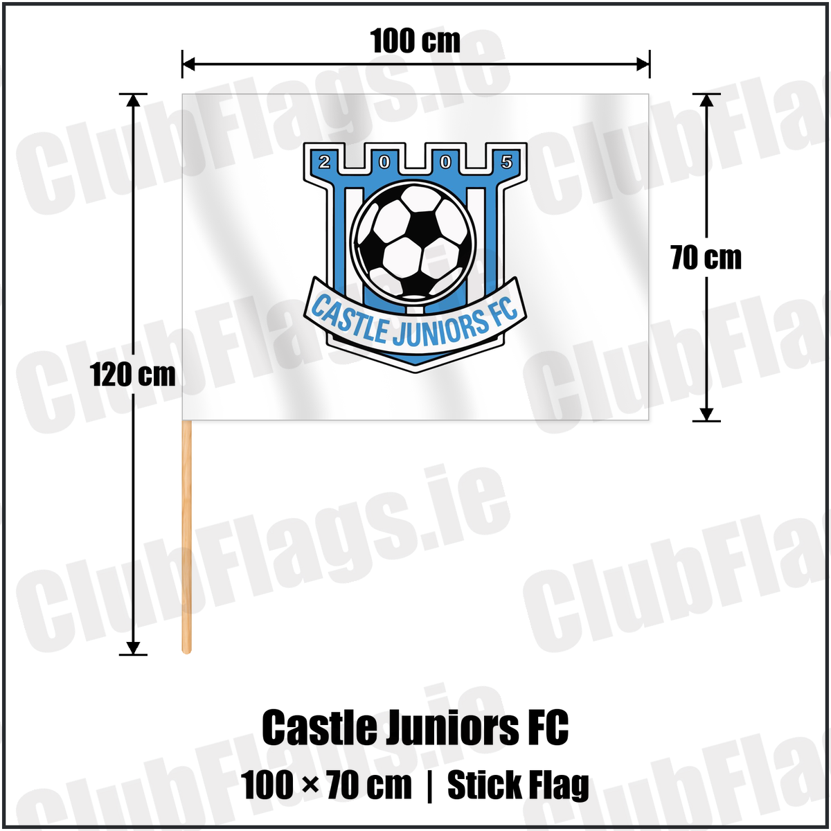 Castle Juniors FC 70cm x 100cm Stick Flag with the club crest and colours, Down Football - ClubFlags.ie