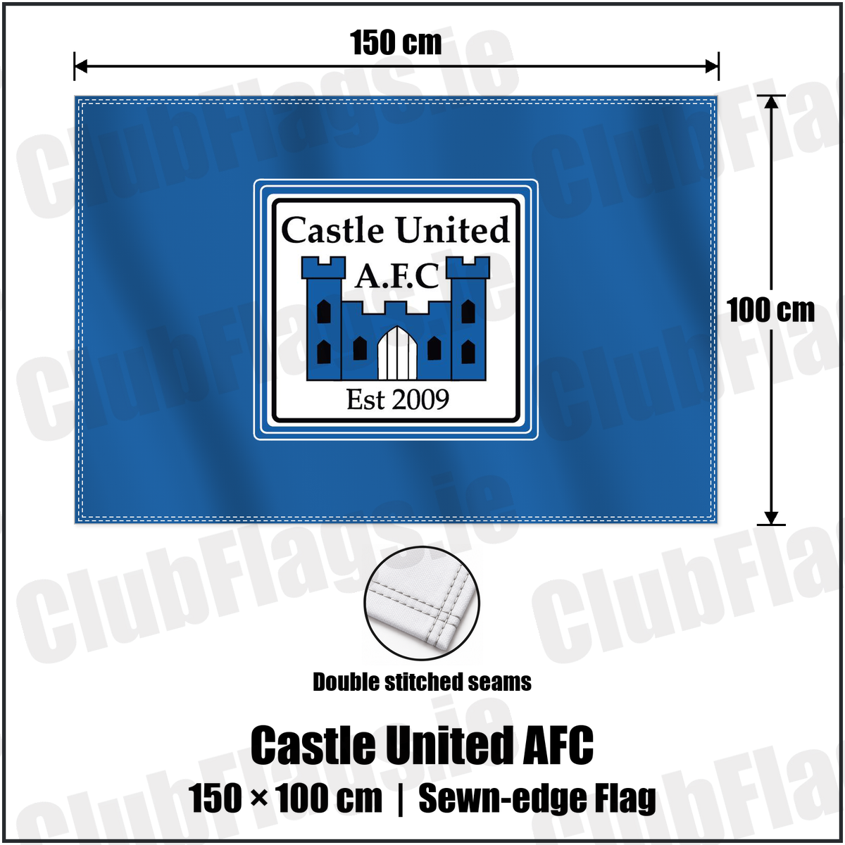 Castle United AFC 100cm x 150cm Flag (sewn on the edges) with the club crest and colours, Limerick Football - ClubFlags.ie
