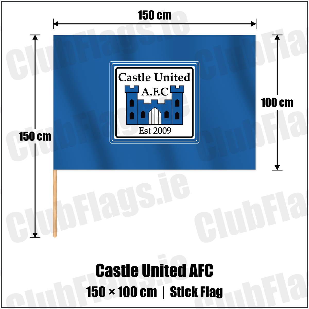 Castle United AFC 100cm x 150cm Stick Flag with the club crest and colours, Limerick Football - ClubFlags.ie