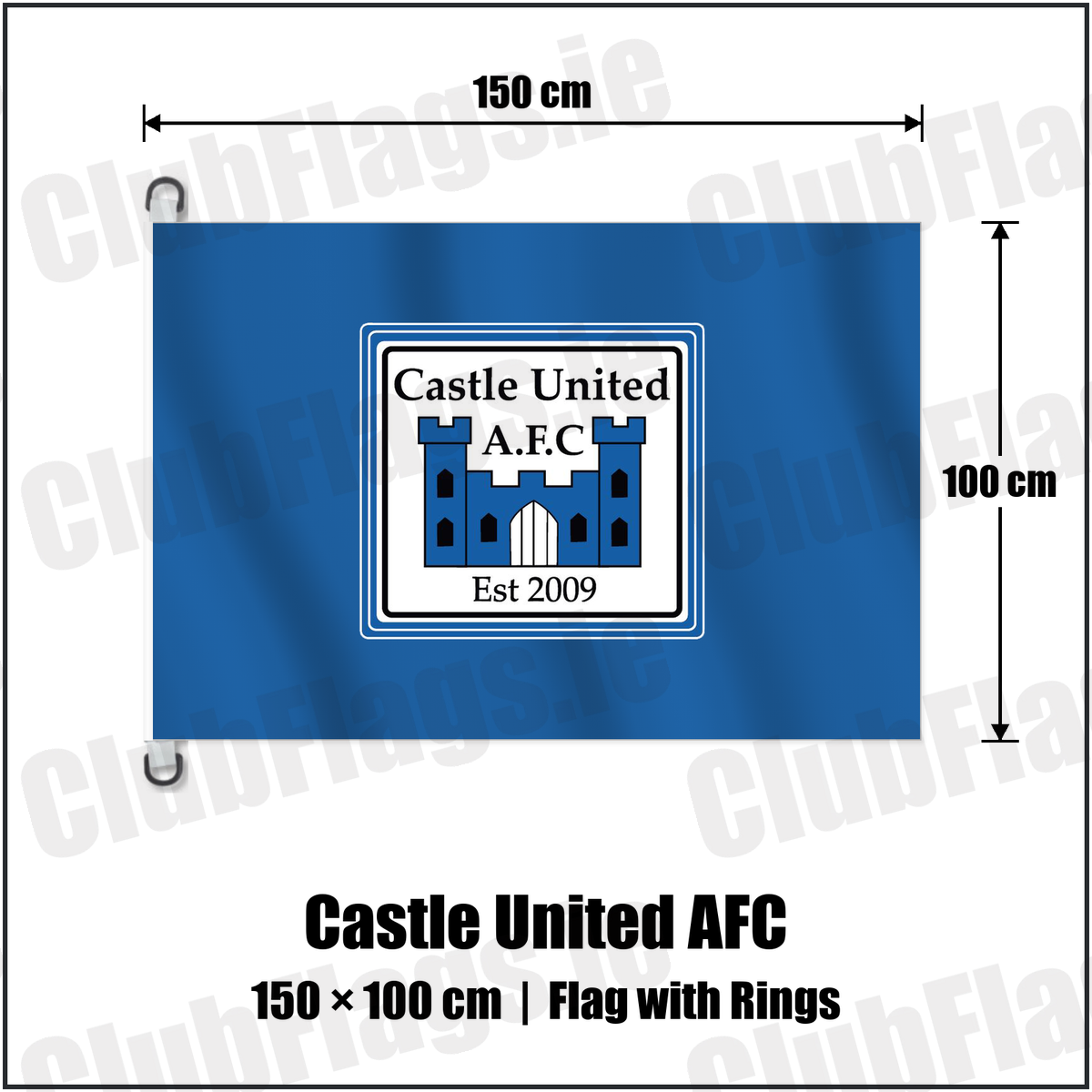 Castle United AFC 150cm x 100cm Flag Pole Flag with Rings with the club crest and colours, Limerick Football - ClubFlags.ie