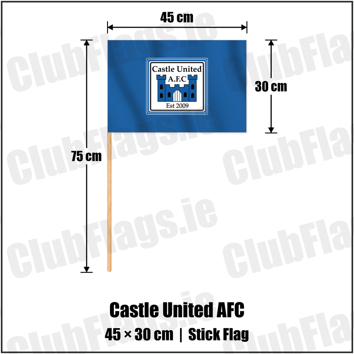 Castle United AFC 30cm x 45cm Stick Flag with the club crest and colours, Limerick Football - ClubFlags.ie