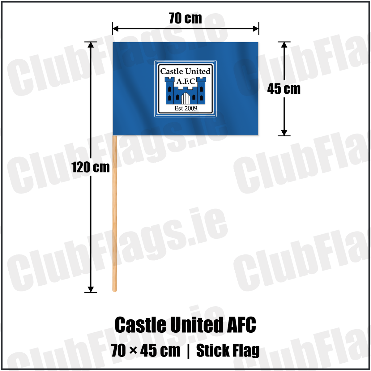 Castle United AFC 45cm x 70cm Stick Flag with the club crest and colours, Limerick Football - ClubFlags.ie