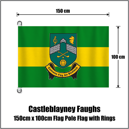 Castleblayney Faughs 150cm x 100cm Flag Pole Flag with Rings, featuring the club crest and green and gold colours; County Monaghan GAA. ClubFlags.ie.
