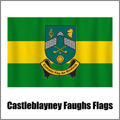 Castleblayney Faughs Flags, featuring the club crest and green and gold colours; County Monaghan GAA. ClubFlags.ie.