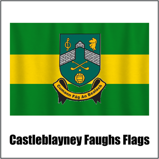 Castleblayney Faughs Flags, featuring the club crest and green and gold colours; County Monaghan GAA. ClubFlags.ie.